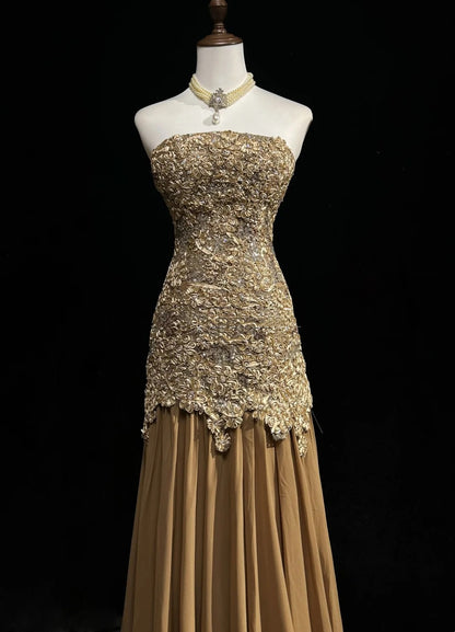 Robes de bal vintage des années 60, sirène bustier, longue robe de bal en dentelle dorée N3103