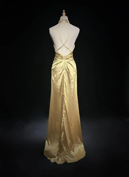 Robe De Soirée Longue Plissée De Bal Années 2000 Vintage Taille Haute Asymétrique Dorée Coupe A Sans Manches N2585