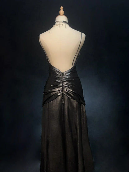 Robes de bal vintage sirène dos nu taille basse avec perles robe de soirée longue années 1970 N2618