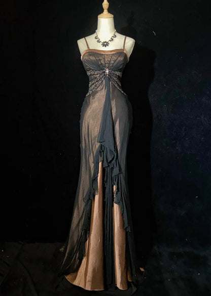 Robes de bal vintage Bretelles fines Sirène Satin marron Mousseline noire Longues tenues de soirée N3861