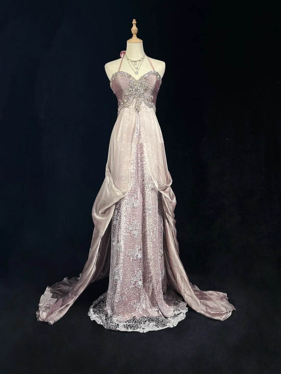 Robes de bal vintage esthétiques en mousseline de soie rose clair, coupe trapèze, dos nu, perles, robe de soirée longue N3034