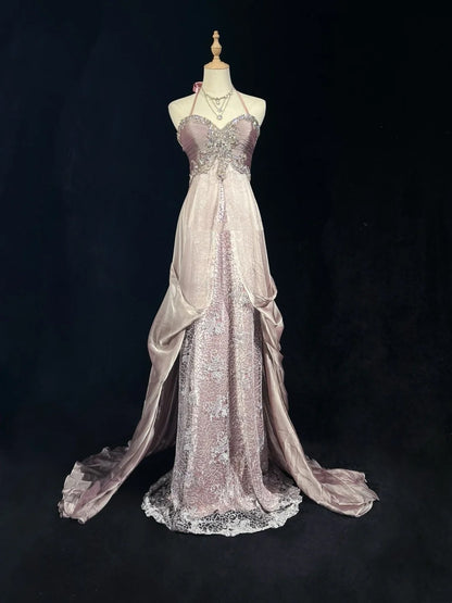 Robes de bal vintage esthétiques en mousseline de soie rose clair, coupe trapèze, dos nu, perles, robe de soirée longue N3034