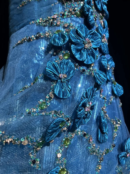 Robes de bal vintage des années 80 Robe de soirée longue asymétrique à paillettes bleu roi et bretelle irrégulière N2537