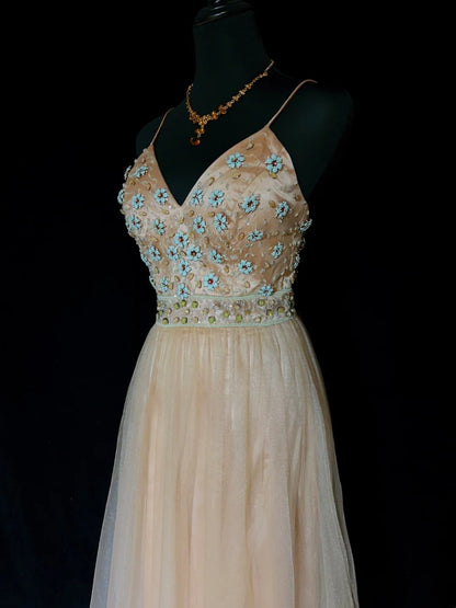 Robes de bal vintage des années 80, coupe trapèze, bretelles spaghetti, tulle champagne, longues, tenues de soirée semi-formelles N3649