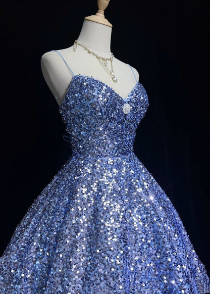 Jolie Robe de Bal Courte à Bretelles Fines Bleue Pailletée Robe de Soirée N2440