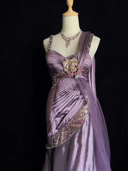 Inspiration Robes de bal vintage Sirène Bretelles fines Satin violet Années 90 avec Robes de soirée perlées N3350