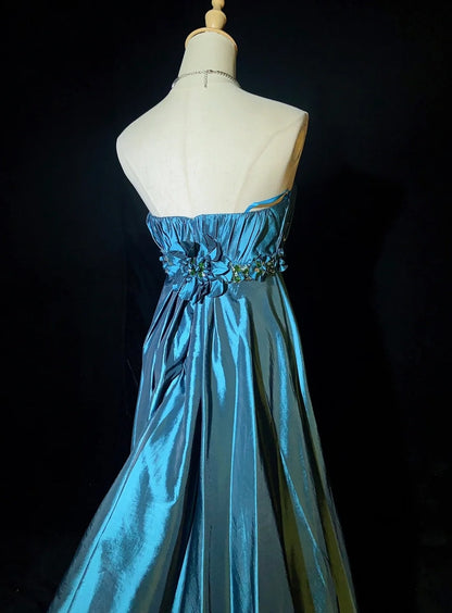 Vintage Prom Dresses Inspo A line Strapless Teal Blue Satin With Folded For Women Formal Dress N3258