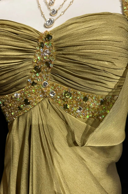 Vintage Abiballkleider A-Linie One Shoulder Gold Chiffon 1990er Lange formale Abendrobe N2664