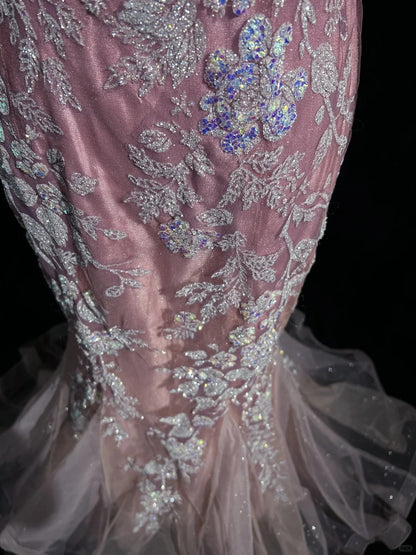 Robes de bal sirène modestes, bretelles spaghetti, dentelle rose, manches courtes, longues tenues de soirée formelles N3627