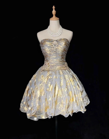Robe de bal de princesse bustier en organza doré courte mini robes de soirée de rentrée scolaire Hoco Gowns N2912