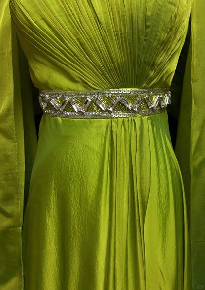 Robes de bal vintage des années 90, en mousseline de soie verte, sans bretelles, coupe trapèze, avec cape plissée, tenues de soirée formelles N3852
