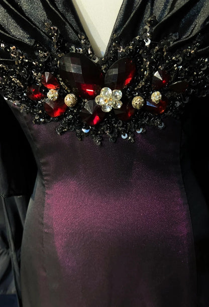 Robes de bal vintage Sirène, dos nu, en mousseline de soie noire et satin violet, robe de soirée des années 1990 N2654