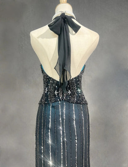 Vintage Ballkleider 1980er Meerjungfrau Neckholder Schwarz Chiffon mit Perlen Langes Ballkleid N3122