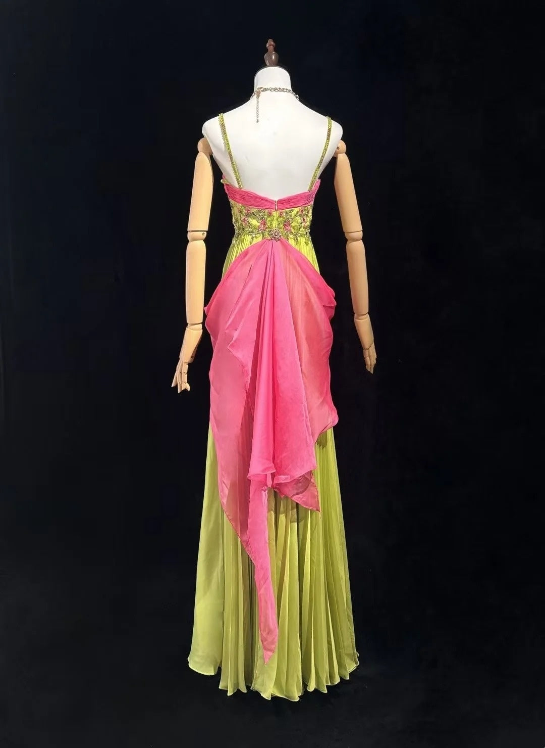 Vintage Prom Dresses A line Spaghetti Strap Pink Green Chiffon With Beading 1960s Long Formal Gown N2610