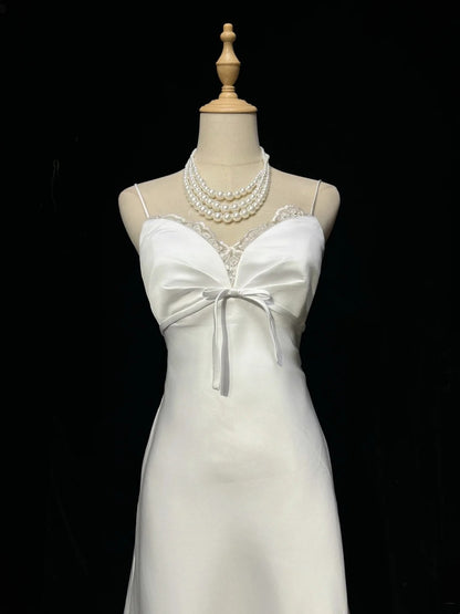 Vintage A line Spaghetti Strap Sleeveless Floor Length Satin Garden White Wedding Dresses RB3313