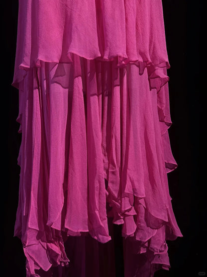 Robes de bal en mousseline rose coupe haute-basse licou longueur thé avec perles Tenues de soirée formelles RB3951