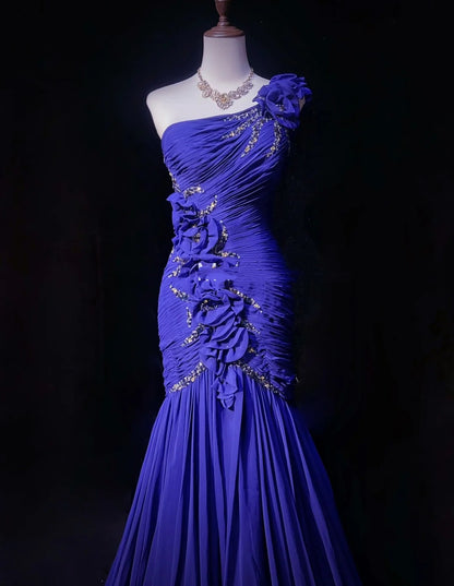 Robes de Bal Vintage Sirène Asymétrique Bleu Royal Mousseline de Soie avec Perles Fleurs 3D Robe Longue de Soirée N2458