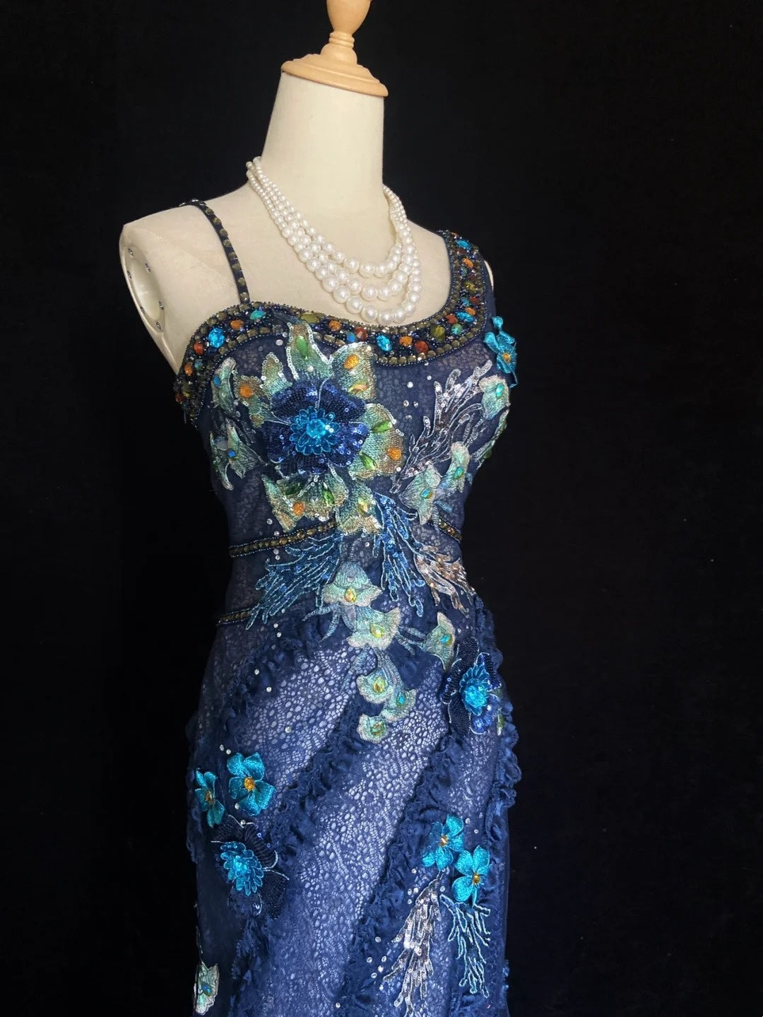 Robes de Bal Vintage Sirène Bretelles Dentelle Bleu Clair avec Fleurs Longues Tenues de Soirée N3440