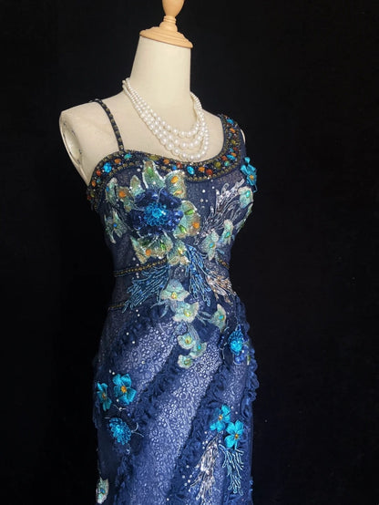 Robes de Bal Vintage Sirène Bretelles Dentelle Bleu Clair avec Fleurs Longues Tenues de Soirée N3440