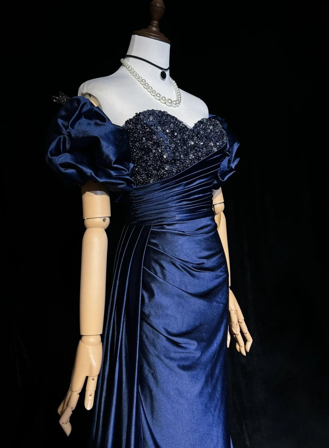 Vintage Prom Dresses Mermaid Sweetheart Navy Blue Satin With Beaded Sleeves 90s Long Formal Evening Gown N2657