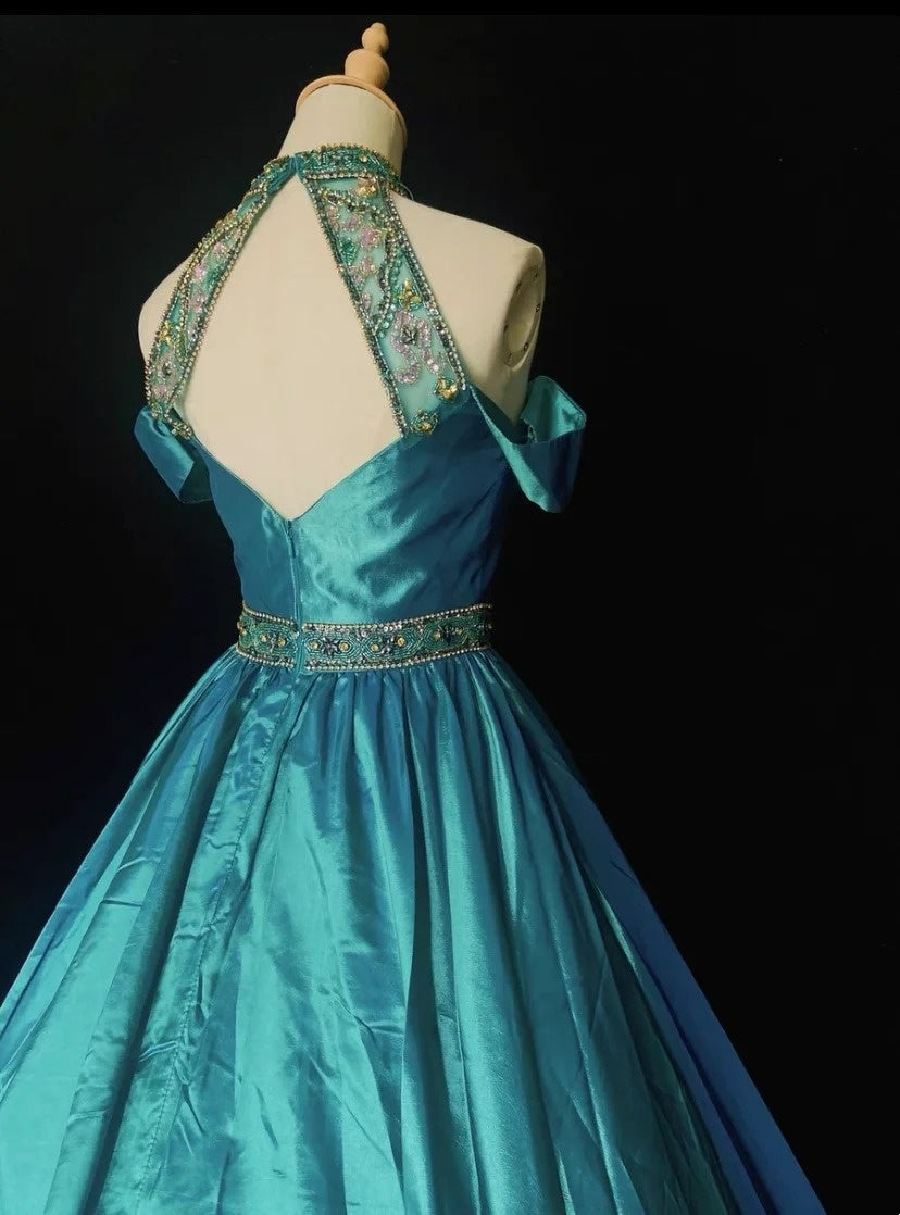 Inspiration Robes de bal vintage Robe de bal col haut satin bleu années 1990 avec perles Robes de soirée N3322