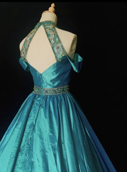 Inspiration Robes de bal vintage Robe de bal col haut satin bleu années 1990 avec perles Robes de soirée N3322