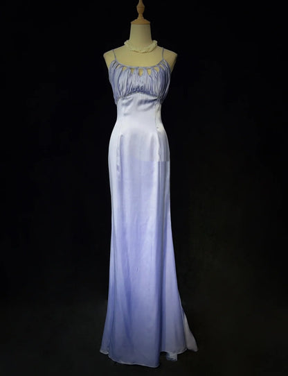 Bescheidene Ballkleider Meerjungfrau Spaghettiträger Lila Satin Langes formelles Abendkleid N3860