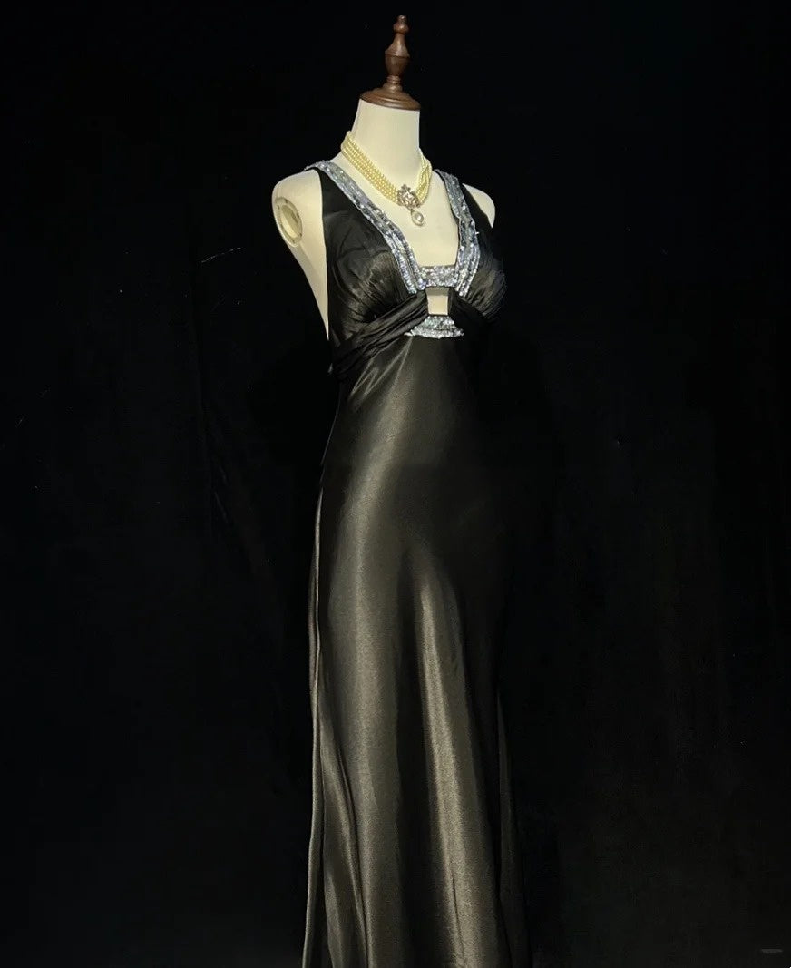 Robes de bal modestes Inspo Sirène Années 90 Col V Gris avec perles pour femme Robe de soirée N3283