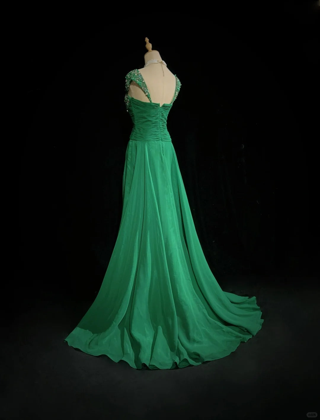 Robes Esthétiques de Bal Vintage Ligne A sans Bretelles en Mousseline Verte avec Perles Longue Robe de Soirée N3027