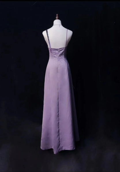 Vintage Prom Dresses A Line Lilac Satin Sleeveless 70s Beads Formal Gown N2568