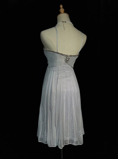 Süßes A-Linien-Spaghettiträger-Kleid in Silber, knielang, zum 18. Geburtstag, Abschlussballkleid N3692