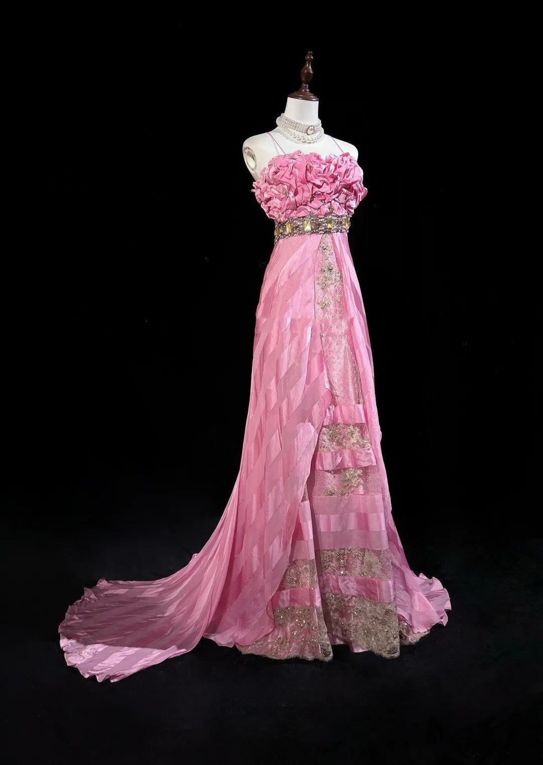 Robes de bal vintage, sirène rose à fines bretelles avec dentelle dorée, longues tenues de soirée formelles N3862