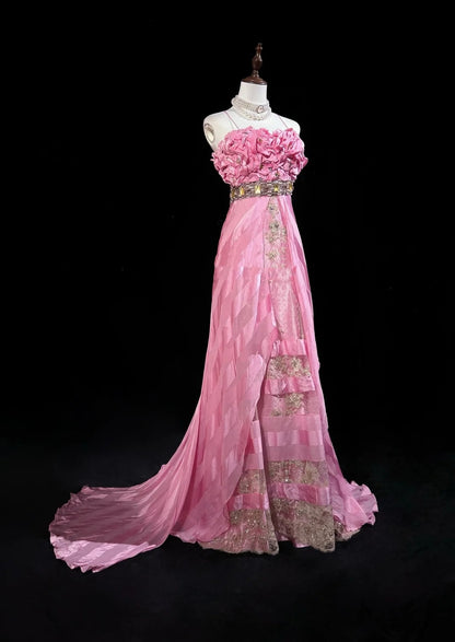 Robes de bal vintage, sirène rose à fines bretelles avec dentelle dorée, longues tenues de soirée formelles N3862