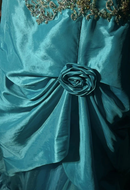 Vintage Abschlussballkleider Ästhetik 80er Retro Ballkleid Spaghettiträger Blau Taft Bodenlang Abendgarderobe N2329