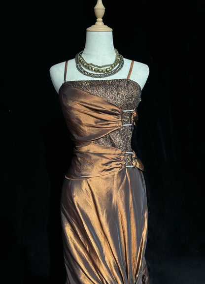 Idées de robes de bal vintage sirène à fines bretelles marron avec perles robe de soirée longue années 80 N2738