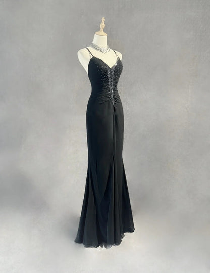 Vintage Prom Dresses Meerjungfrau Spaghettiträger Abendkleid Chiffon 70er mit Perlenstickerei Rückenfrei Langes Abendkleid N2520