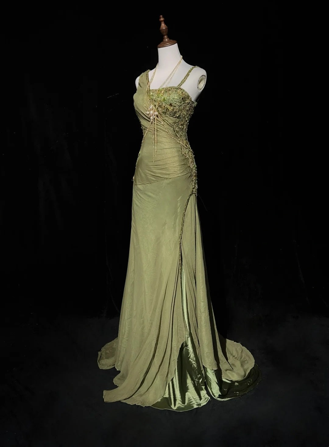 Vintage Prom Dresses Mermaid Olive Green Chiffon With Beading Formal Evening Outfits N3854