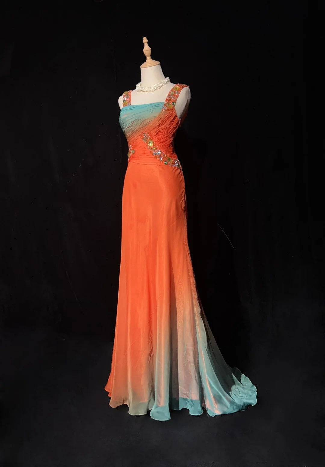 Robes de bal vintage des années 1960, col carré, trapèze, dégradé orange, mousseline, perles, longue robe de bal N3104