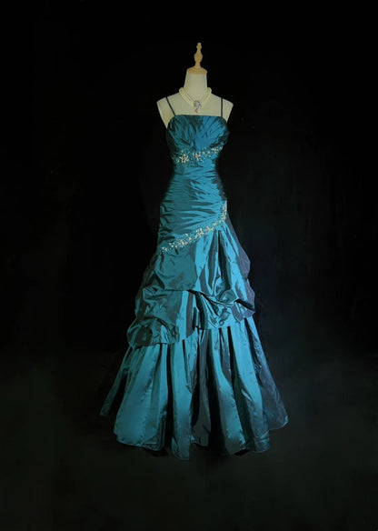 Robes de bal vintage Robe de soirée à fines bretelles bleu sarcelle sans manches en taffetas Robe de soirée longue des années 90 N2893