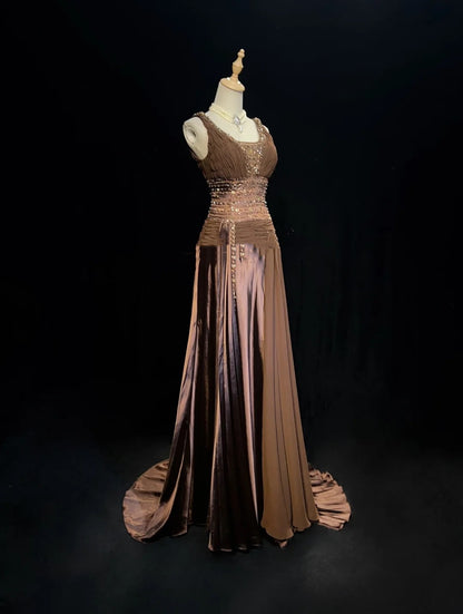 Vintage Ballkleider Meerjungfrau Schokolade Chiffon V-Ausschnitt mit Perlen Lang Festliches Kleid N2453