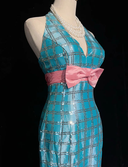 Robes de bal vintage sirène col en V, paillettes bleues, sans manches, robes de soirée longues années 80 N2866