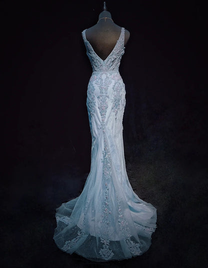 Inspiration Robes de bal vintage Sirène Col en V Bleu ciel clair Longues années 1990 avec appliques de dentelle Robes de soirée N3359