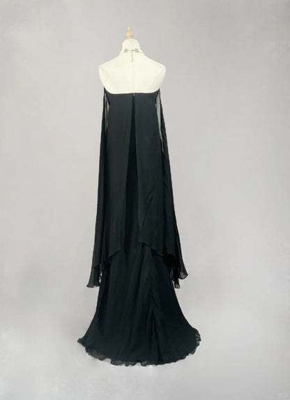 Robes de bal élégantes Robe sirène sans bretelles en mousseline de soie à cravate noire avec cape Longues tenues de soirée formelles N3703