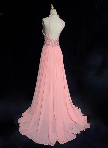 Robes de bal modestes trapèze licou en mousseline rose avec perles, longues tenues de soirée N3464