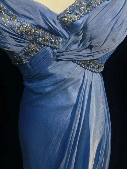 Vintage Abschlussballkleider A-Linie Sweetheart Blau Chiffon mit Perlen Lange formelle Abendgarderobe N3869