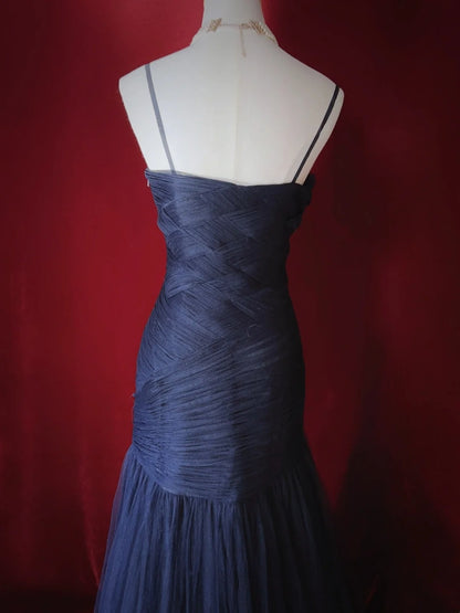 Robes de bal élégantes Inspo Sirène Bretelles fines Bleu marine Tulle à volants Pour femme Robe de soirée N3226
