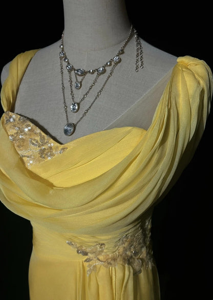 Robes de bal vintage sirène jaune mousseline avec applications années 80 longue robe de soirée N2733