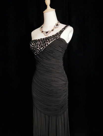 Vintage Abschlussballkleider Meerjungfrau One-Shoulder Black Tie Kleid Chiffon 70er Jahre mit Perlen Rückenfrei Langes Abendkleid N2522