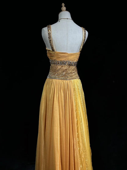 Vintage Abschlussballkleider A-Linie, eckiger Ausschnitt, gelb, plissiert, 70er Jahre mit Perlen, Abendkleid N2535