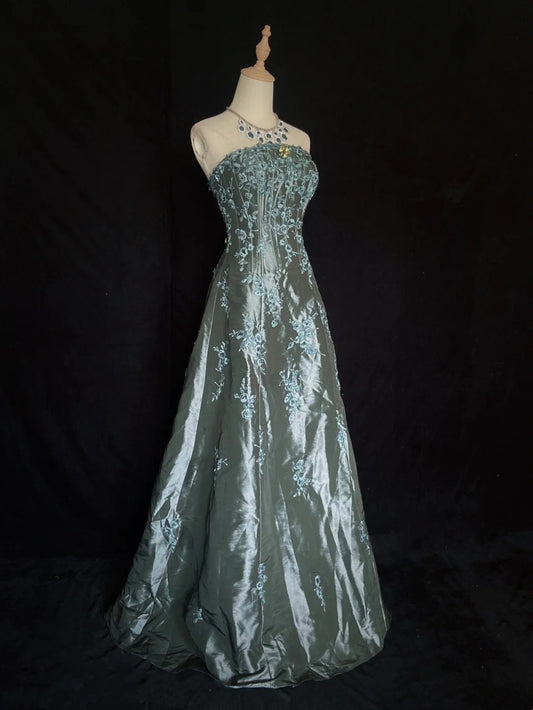 Prinzessin Abschlussballkleider Ballkleid Trägerlos Grüne Stickerei Abend Lang Abendkleid N3289